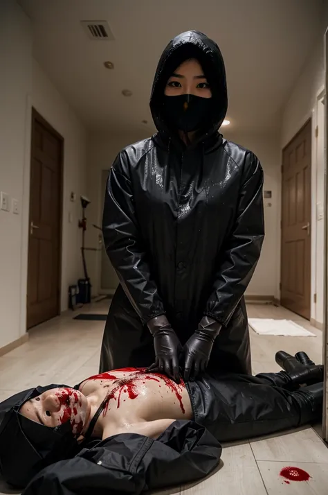 korean girl, (behind corpse, surgical mask), multiple girls, holding knife, stabbing, black raincoat, black gloves, hood up, room full of blood, black wet suit, holding knife, black gloves, behind corpse, blood splatter, night, mass murderer, robbery, in t...