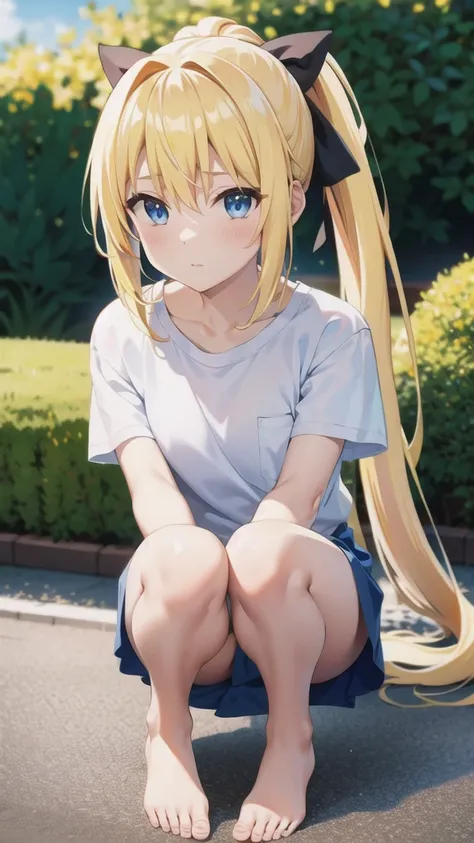 masterpiece, best quality, highres, BREAK , phyami, yamisch,  long hair, blonde hair, pony tail, blue eyes, brm, white t-shirt with blue collar, blue buruma, BREAK, very wide shot, hands on knees, knees