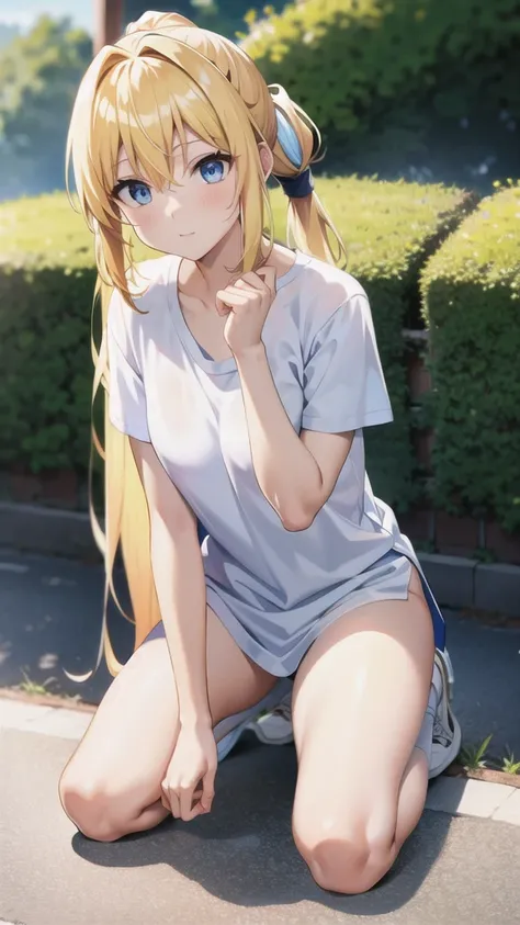 masterpiece, best quality, highres, BREAK , phyami, yamisch,  long hair, blonde hair, pony tail, blue eyes, brm, white t-shirt with blue collar, blue buruma, BREAK, very wide shot, hands on knees, knees