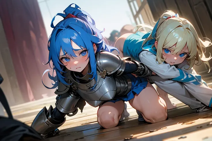 (Proud knights) defeated by thugs, humiliatingly raped, creampied, and then dumped, crying and stunned, (3+girls), (loli)
, large amount of semen, blood from the defloration running down her thighs
, (crawling), (the_pose), blonde with blue eyes, blue hair...