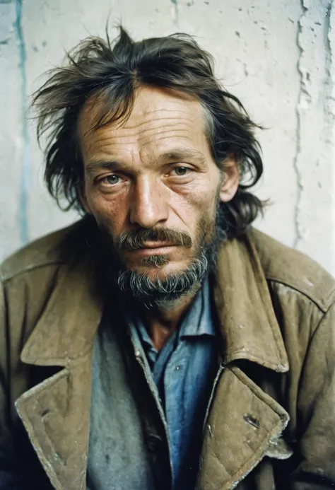 color photo. man 40 years old. Homeless, Alcoholic. Not a neat look, bad skin. Haggard look. Portrait photo against a white wall in the USSR 1980s Soviet photo