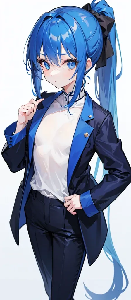 Girl，flat chest，Blue hair and eyes，High Ponytail，Dark blue long sleeves and jacket。trousers，Pure white background，Short stature。