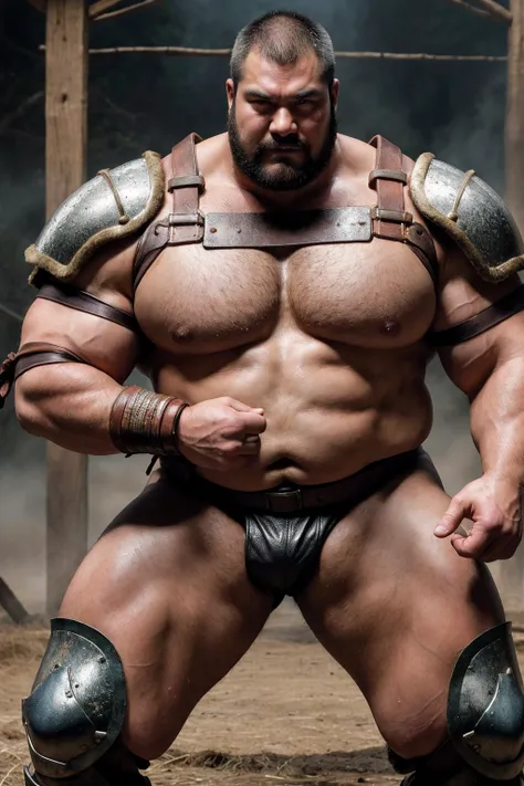 looking at us, Staring Intently, face focus, a fat gentle barbarian:2, This barbarian is a robust stocky Japanese:2, He is a Japanese male, mid combat, leather armor, legs exposed from thighs to feet, fierce, battleground background, masterpiece, volumetri...