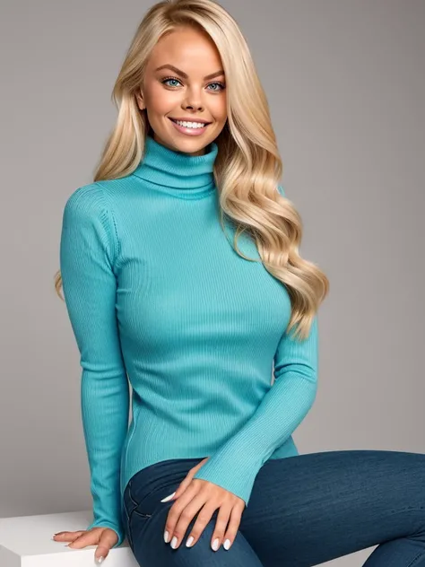 (JesseJane_v1:1.0), gorgeous blonde woman (JesseJane_v1:1.0), long hair. She wears: (a turquoise long sleeve turtleneck tight high neck ribbed sweater:1.1) seductive smile