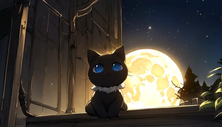 ((highest quality)), ((masterpiece)), detailed、(A black kitten with blue eyes、Looking at the big moon shining in the night sky)、home、Grimm fairy tale style