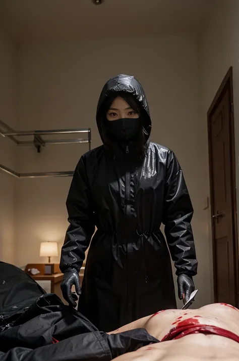 korean girl, (behind corpse, surgical mask), multiple girls, holding knife, stabbing, black raincoat, black gloves, hood up, room full of blood, black wet suit, holding knife, black gloves, behind corpse, blood splatter, night, mass murderer, robbery, in t...