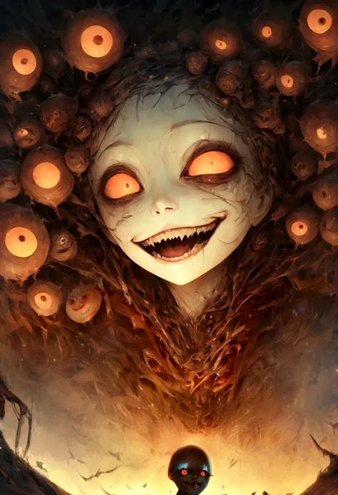 an image of a creepy face with many eyes and a big smile on her face, creepy art, digital art 4k unsettling, surreal dark art, creepy smile, anton semenov, scary art, creepy surrealism, dark surreal art, creepy smiles, cute face. dark fantasy, highly detai...