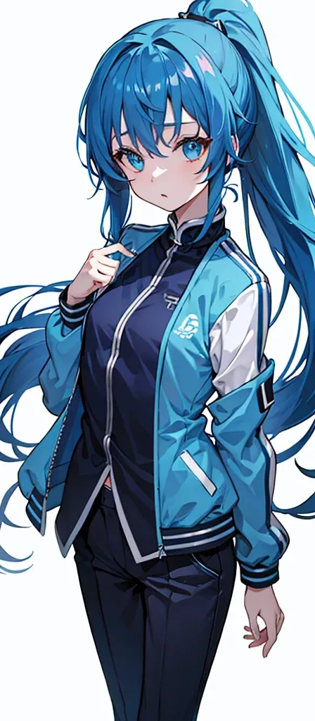 Girl，flat chest，Blue hair and eyes，High Ponytail，Dark blue long sleeves and jacket。trousers，Pure white background，Short stature。