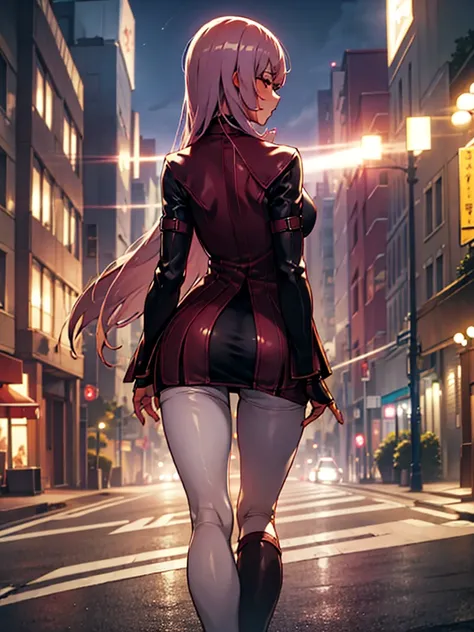 (​masterpiece、top-quality、hight resolution、Unity 8k Wallpaper、extremely details CG:1), The focus is on the back of the prostitute leading the way through the nighttime entertainment district, and her figure is the star of the show. She walks confidently fo...