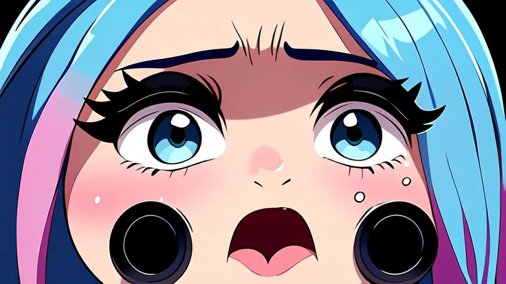 Create 6 emotes with same size, just the face of a girl with blue hair and green eyes, first image she is happy, second image she is sad, third image she is in love, fourth image she is furious, fifth image she is giving a kiss, sixth image she is crying, ...