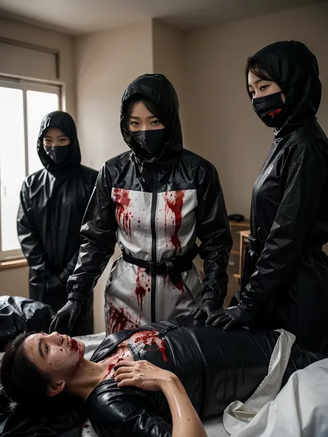 korean girl, (behind corpse, surgical mask), multiple girls, holding knife, stabbing, black raincoat, black gloves, hood up, room full of blood, black wet suit, holding knife, black gloves, behind corpse, blood splatter, short hair, night, mass murderer, r...