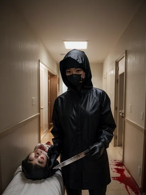 korean girl, (behind corpse, surgical mask), multiple girls, holding knife, stabbing, black raincoat, black gloves, hood up, room full of blood, black wet suit, holding knife, black gloves, behind corpse, blood splatter, short hair, night, mass murderer, r...