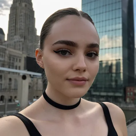 (Skin Texture, pores, natural,iPhone,RAW)), natural lighting,Highest Quality full body photo of a stunning woman ,black thin choker, Nikon Z9, realistic matte skin,  blurry city in the background, 8K, symmetric,  Negative prompt: ugly, deformed, airbrushed...