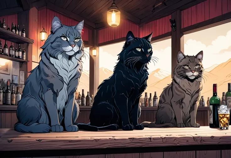 a monstrous mountain cat, three gentlemanly mountain cats sitting at the bar counter in the owners mountain retreat bar, detailed fur textures, beautiful detailed eyes, beautiful detailed lips, extremely detailed eyes and face, long eyelashes, cinematic li...