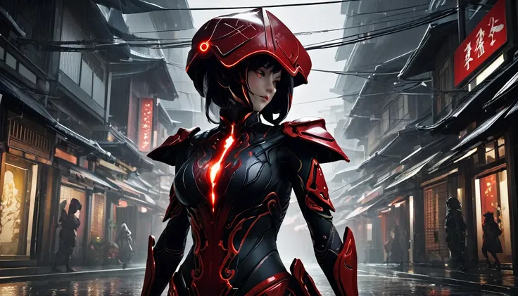 1 Japanese girl, Warframe, Complex Pattern, Heavy Metal, Energy Line, Faceless, Glowing Eyes, elegant, intense, Blood red and black uniform, alone, Modern, city, street, Dark Clouds, thunderstorm, heavy rain,, Dramatic lighting,, (masterpiece:1.2), highest...