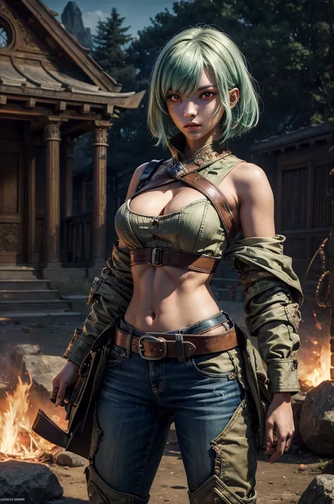 emeraldsustrai, emerald sustrai, short hair, (red eyes:1.5), green hair, dark skin, dark-skinned female, BREAK navel, cleavage, midriff, belt, cleavage cutout, chaps, hands on hips, BREAK near ancient temple ruins, pillars, on top of mountain, BREAK waterf...