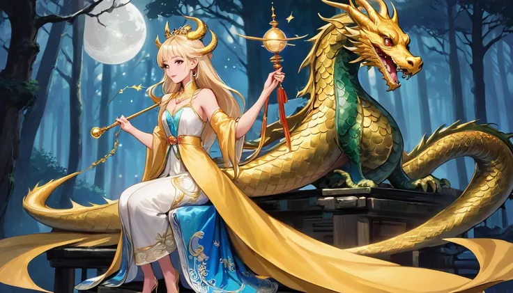 Princess (Blonde Hair, wearing long dresses, Have a magic wand), background (forest, moon), Chinese Dragon (One, Five-clawed golden dragon, Two Wings), Princess riding a dragon  