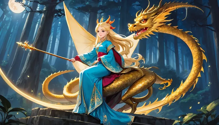 Princess (Blonde Hair, wearing long dresses, Have a magic wand), background (forest, moon), Chinese Dragon (One, Five-clawed golden dragon, Two Wings), Princess riding a dragon  