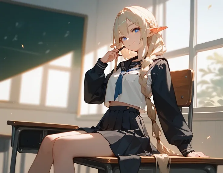 masterpiece, best quality, extremely detailed, high resolution, ultra-detailed, finely detailed, 1girl, solo, Classroom, female student, sitting in a seat, with long blond hair, long braided ponytail, blue eyes, elf ears, black sailor suit, Smile,