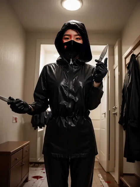 korean girl, (behind corpse, surgical mask), multiple girls, holding knife, stabbing, black raincoat, black gloves, hood up, room full of blood, black wet suit, holding knife, black gloves, behind corpse, blood splatter, short hair, night, mass murderer, r...