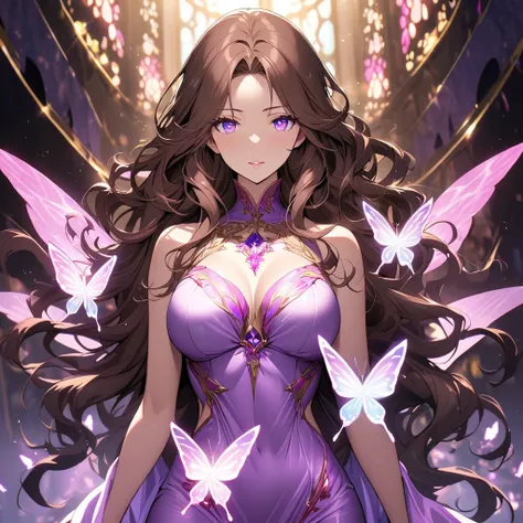 girl, brown hair, wavy hair, long hair, glowing purple eyes, magical silk fabric, mature woman, gorgeous, beautiful background, super detail, beautiful color, glowing butterfly, angel, main face, front face