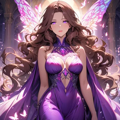 girl, brown hair, wavy hair, long hair, glowing purple eyes, magical silk fabric, mature woman, gorgeous, beautiful background, super detail, beautiful color, glowing butterfly, angel, main face, front face