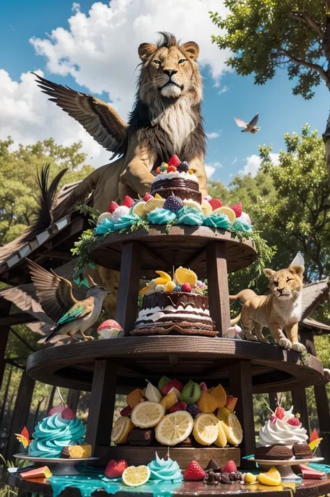 "The scene depicts a group of colorful birds gracefully flying above a lion cub, who timidly roared, looking somewhat offended. Meanwhile, surrounding them, theres an array of delicious desserts such as chocolate cakes topped with shiny frosting, fresh fru...