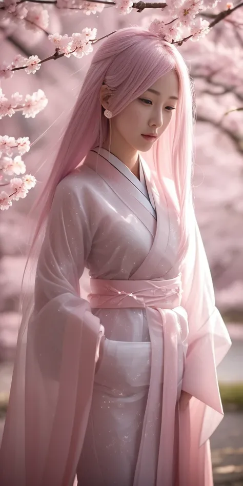 surreal, Very detailed, And a 16k resolution young, Beautiful female ghost or guardian spirit. She has light pink hair and translucent skin., Wearing traditional Japanese kimono，Small cherry blossom pattern on the belt. This image captures the ethereal bea...