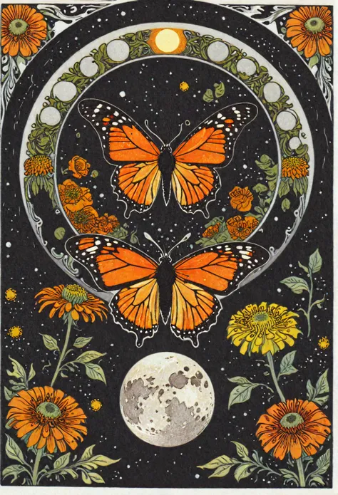 symmetric, balanced, monarch butterfly at the center of the moon surrounded by a frame of zinnia flowers, dark amber and gray co...