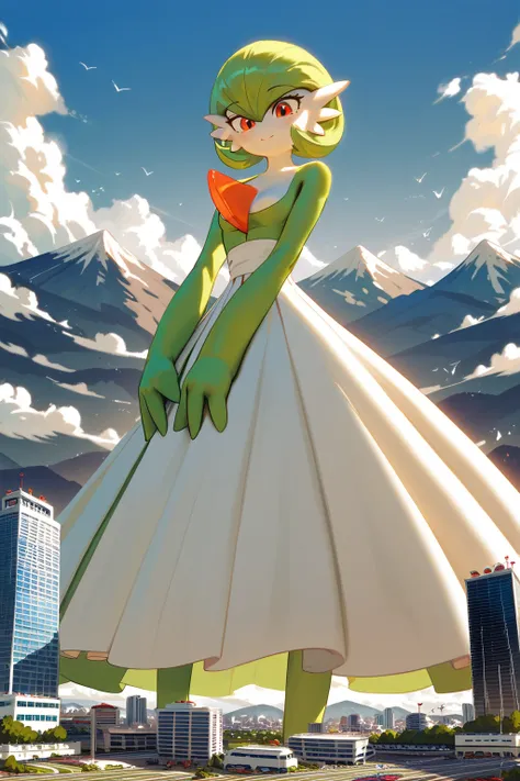 (score_9,score_8,score_7),{{green and white}}, gardevoir, pokemon, macro, low angle, {{standing on the ground}}, standing , continent, city, mountain, atmosphere, masterpiece, best quality, absurdres, ultra detailed