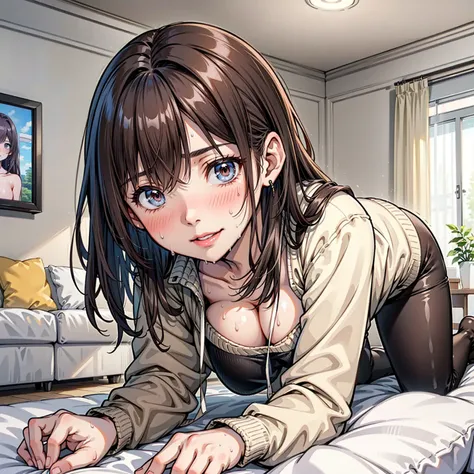 2 Womans holding each other, (((sweat))), /(Oversized sweater/) V-neck, Mature Woman, /(Brown Hair/) bangs, A gentle blushing smile, (Masterpiece of the highest quality:1.2) Delicate illustrations, super detailed, (((sagging massive breasts))), pantyhose r...