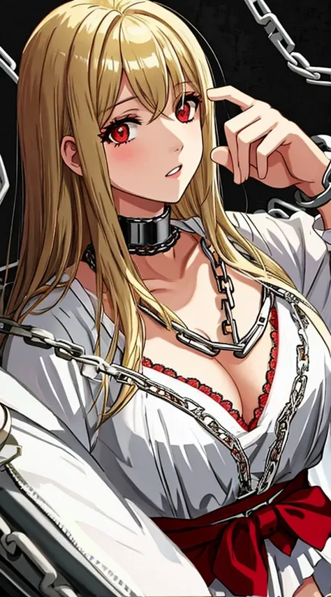 blonde hair, red eyes, white lingerie, ((in chains)), prisoner