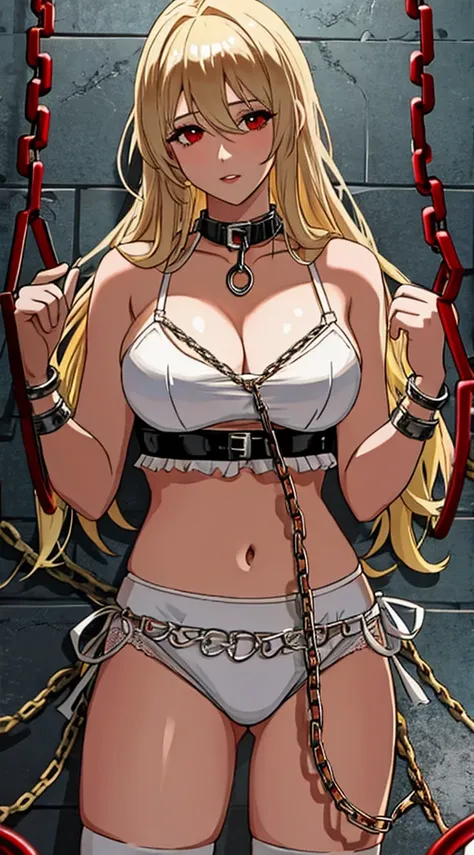 blonde hair, red eyes, white lingerie, ((in chains)), prisoner