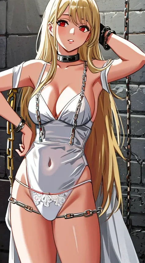 blonde hair, red eyes, white lingerie, ((in chains)), prisoner