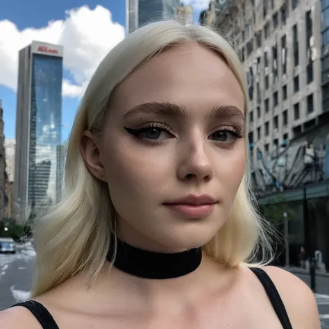 (Skin Texture, pores, natural,iPhone,RAW)), (blonde hair: 1.3) natural lighting,Highest Quality full body photo of a stunning woman ,black thin choker, Nikon Z9, realistic matte skin,  blurry city in the background, 8K, symmetric,  Negative prompt: ugly, d...