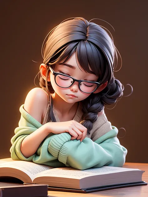 Cute young girl, wearing glasses, shoulder-length hair tied in a knot, sleeping on a book.