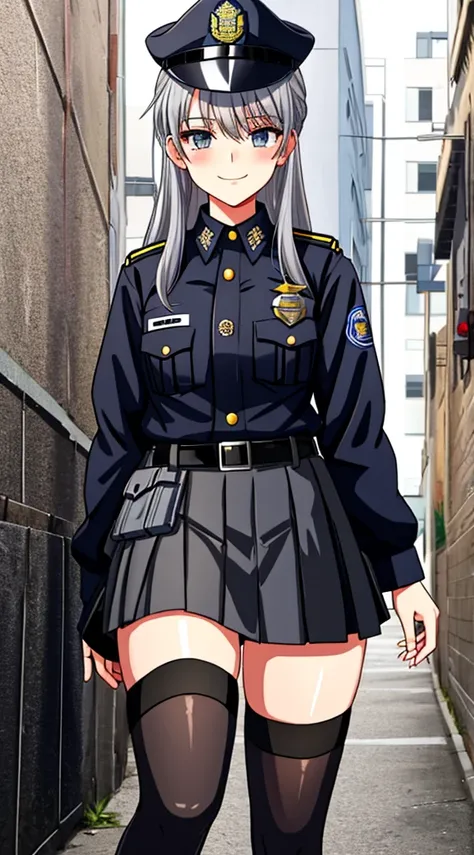 police officer, skirt, thighhigh socks, cocky, smug, dark backalley, silver hair, military cap