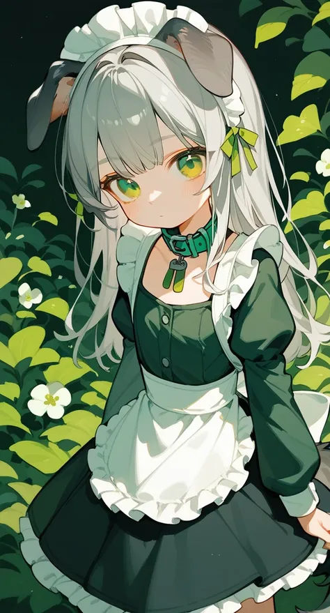 Gray hair，Collar，Maid，Dog ears，Long hair，A tail，Loli，，flat chest，Green pupils，grey ears，Green Landmine Jacket