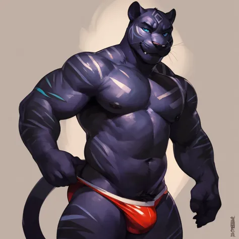 Handsome panther, black panther, solo, in speedo, white speedos, white underwear, hot, sexy, seductive panther, stripes, striped, front, standing, posing hands, waist, black tail, male v line, attractive, perfect body, good anatomy, By darkgem, by mystikfo...