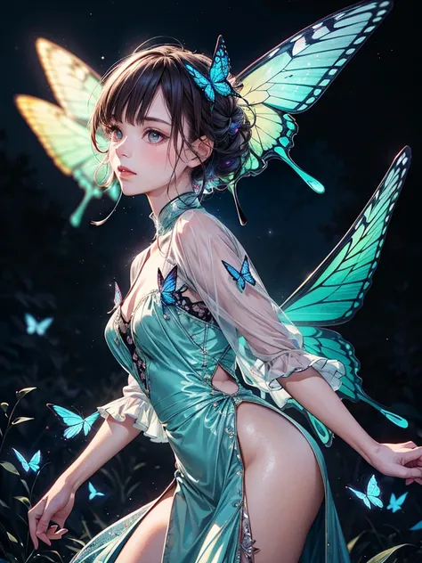 unparalleled masterpiece, ultra realistic 8k CG,masterpiece,pov,(delicate photograph,ultra_detailed,16k,raw photo:1.3),(realistic:1.9,photorealistic:1.9), beautiful detailed eyes,(((1 girl,solo,full body))), 12 years old,blue butterfly, glowing wings, mast...