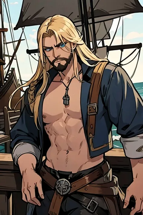 A muscular blonde haired male pirate with blue eyes and long hair and a dark beard in a pirates outfit is leaning on the railing of a pirate ship