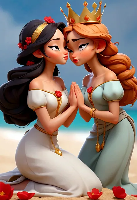 name "The Loyal Pin (Sarocha Chankimha & Rebeca Armstrong) in an elegant and dynamic 3D metallic gold font and create an idyllic anime illustration style image of two beautiful women in love on a beach, one is a beautiful British woman with semi-long hair ...