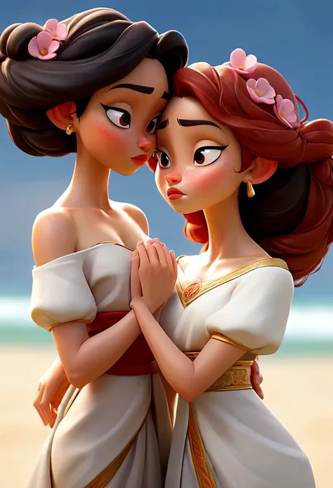 name "The Loyal Pin (Sarocha Chankimha & Rebeca Armstrong) in an elegant and dynamic 3D metallic gold font and create an idyllic anime illustration style image of two beautiful women in love on a beach, one is a beautiful British woman with semi-long hair ...