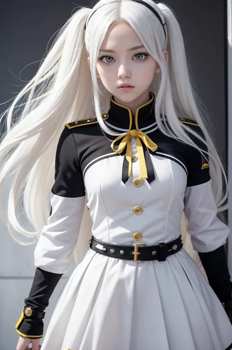 Boku no hero academia painel, a white teenage heroine with golden eyes, long white hair down to the waist. Wearing a hero uniform in black and white with yellow details.