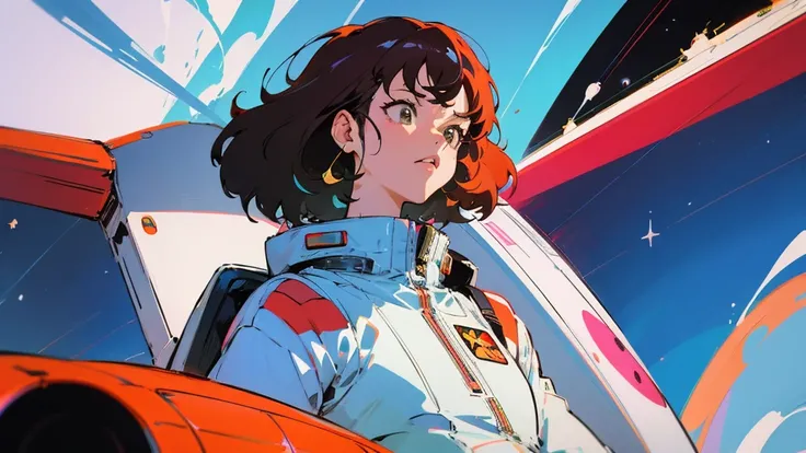 A cartoon character wearing a space suit and flying an airplane, Portrait Anime Astronaut Girl, Pilot Girl, cute Pilot Girl, Lo-fi Girl, Akira art style, Macross Style, Akira-style illustration, style of akira motion movie, M cross, Akira Vibe, Inspired by...