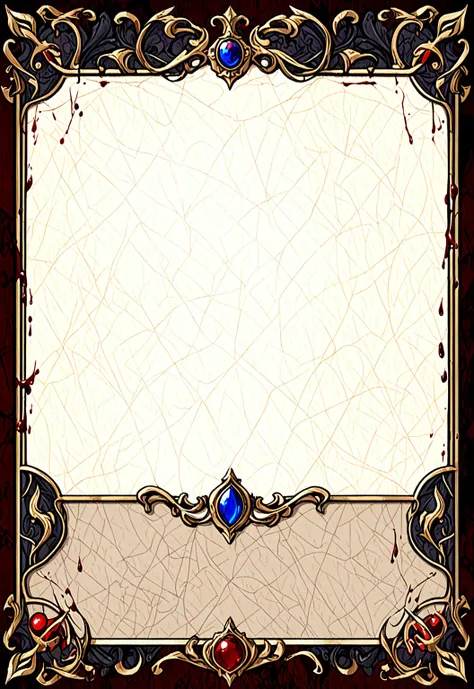 A card border UI，Medieval European aristocracy design，Dark Style，There are blood stains on the parchment backing.。