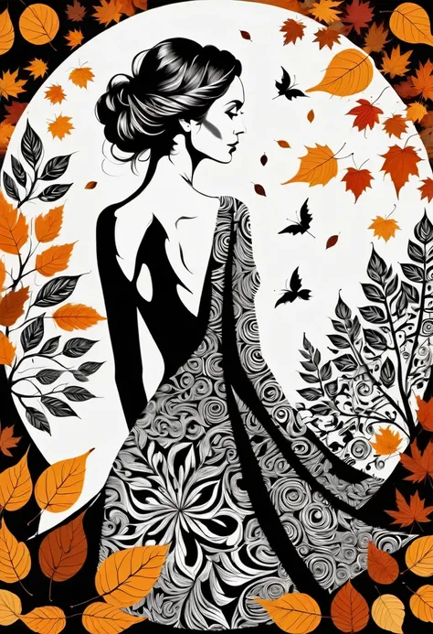 Silhouette Style Nude, A beautiful back, Cozy autumn themed Batik Art, Gorgeous geometric shapes, Wheels within wheels, pattern, autumn, point, batik, Fall Decorations, autumn elements
. High contrast, Simplicity, black and white, Stark, Dramatic