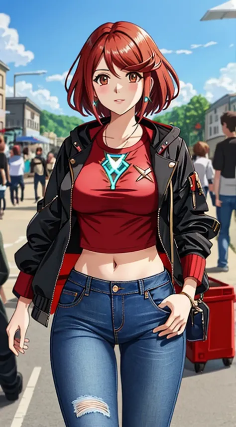 pyra from xenoblade, cropped shirt that is possible see the nipples through, jeans pants, in public, people around, black jacket