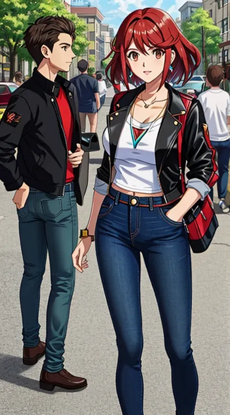 pyra from xenoblade, cropped shirt that is possible see the nipples through, jeans pants, in public, people around, black jacket