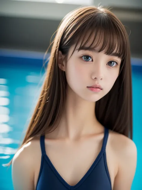 Dreamy atmosphere, High Contrast, Ultra Sharp, Studio shot、Upper body portrait、Angle from below、(navy school swimsuit :1.2), (small breasts), Focus on the chest、Slim Body Enhancement、Realistic、Realistic、Highly detailed cute girl、alone、18-year-old、Japanese、...